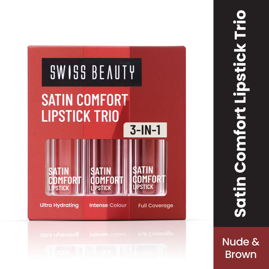 Swiss Beauty Satin Comfort Lipstick Trio 3-In-1 Combo - Nude And Brown