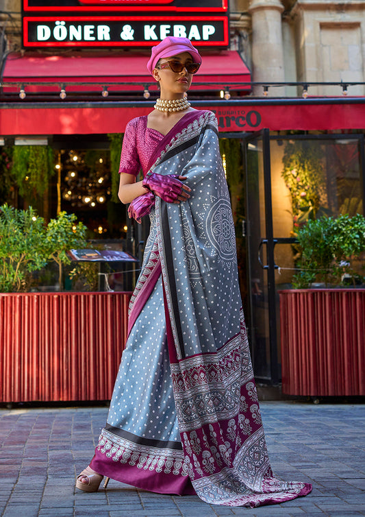 Monjolika Fashion Grey Colour Satin Silk Printed Lightwear Saree For Women