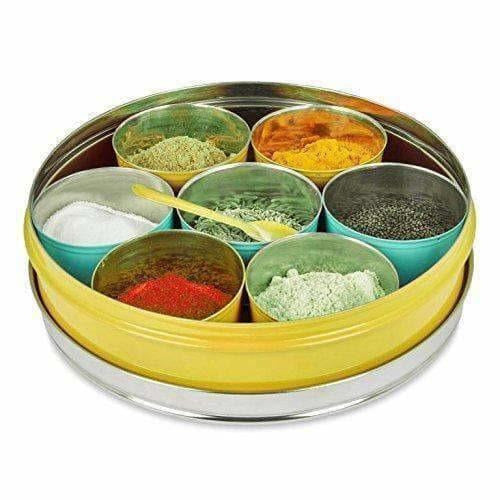 Stainless Steel Made Masala Box Spice Box Masala Dabba Container With Glass Lid 7 Compartments With 1 Spoon - Grab2buy