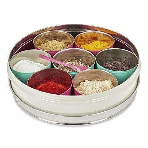 Stainless Steel Made Masala Box Spice Box Masala Dabba Container With Glass Lid 7 Compartments With 1 Spoon - Grab2buy