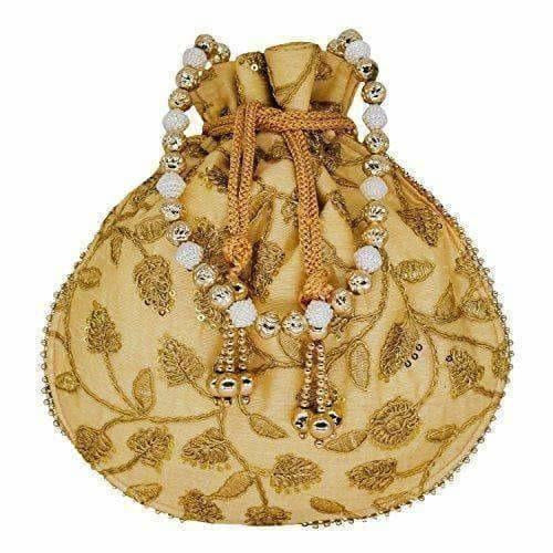 Ethnic Silk Potli bag Clutch Batwa Pouch with Embroidery and Metal Bead work Gift For Women - Grab2buy