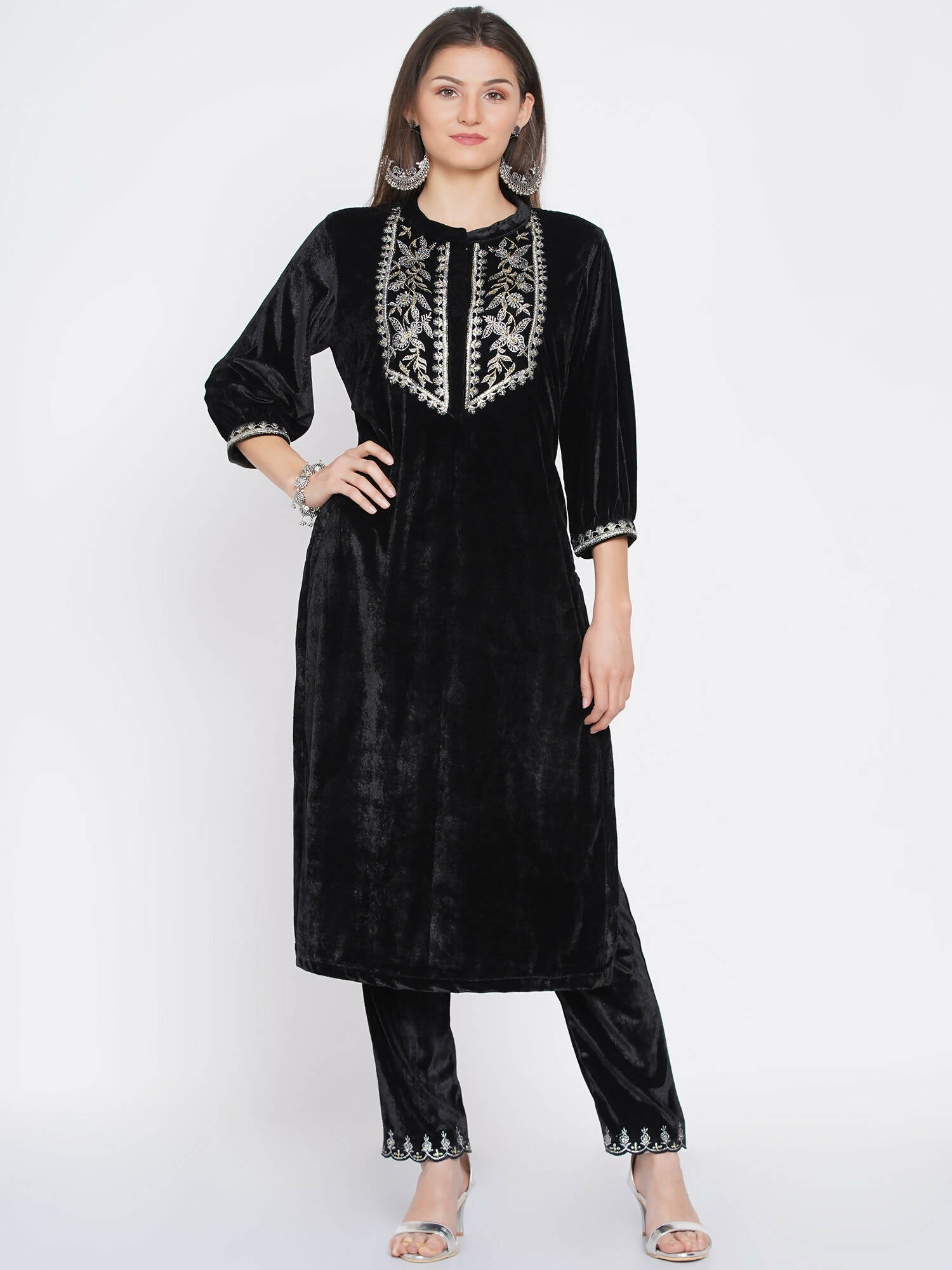 Women Republic Black Velvet Embroidered Kurta With Pants - Grab2buy