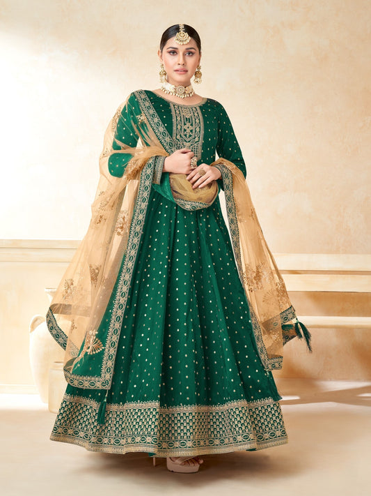 Anaita Green Embroidered Tapeta Silk Anarkali Suit