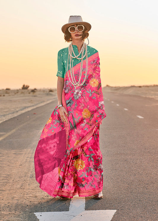 Monjolika Fashion Pink Color Printed Tussar Silk Designer Saree Online