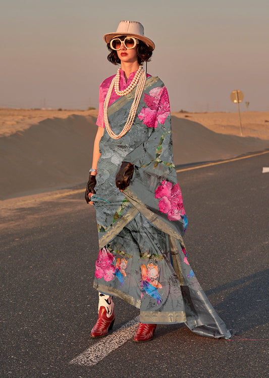 Monjolika Fashion Grey Color Printed Tussar Silk Designer Saree Online