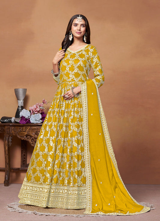 Monjolika Fashion Mustard Color Embroidered Santoon Silk Salwar Suit