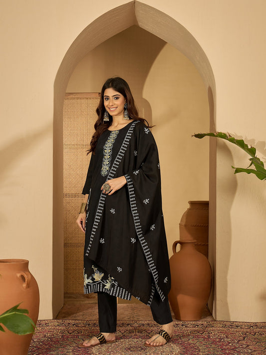 Joban Fashion Black Silk Embroidery Readymade Kurta Set