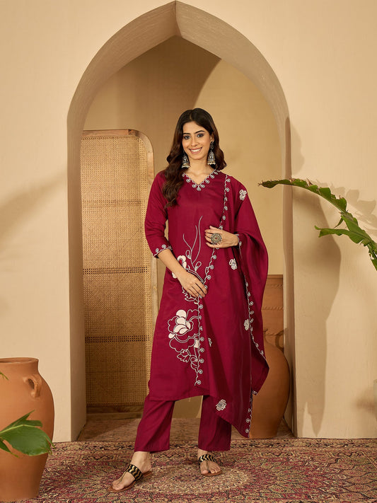 Joban Fashion Maroon Silk Embroidery Readymade Kurta Set