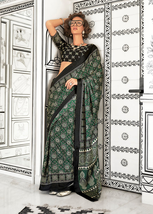 Monjolika Fashion Dark Green Colour Satin Crepe Printed Lightwear Sarees