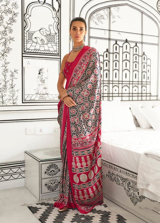 Monjolika Fashion Black & Maroon Colour Satin Crepe Printed Lightwear Sarees