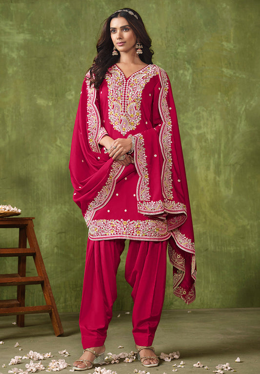 Monjolika Fashion Hot-Pink Color Embroidered Santoon Chanderi Silk Salwar Suit