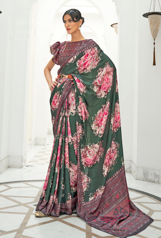 Monjolika Fashion Dark Green Colour Classic Digital Printed Crepe Silk Saree