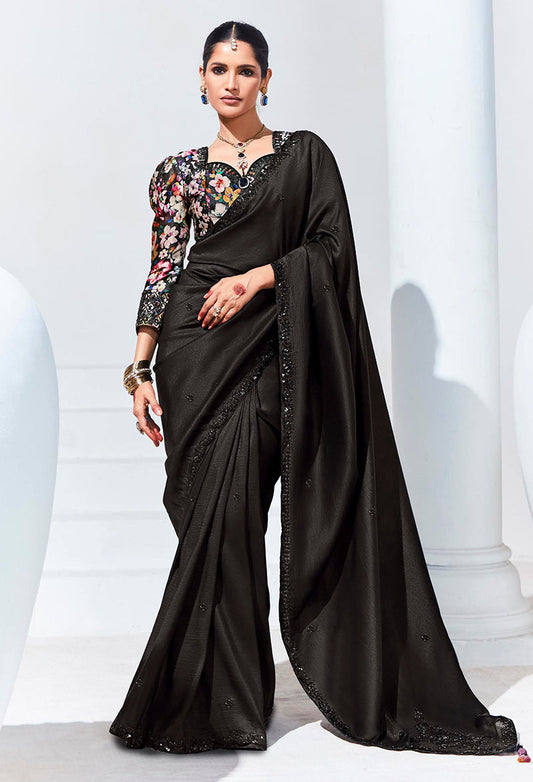 Monjolika Fashion Black Embroidered Sequence Work Saree For Festival