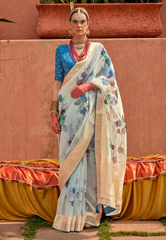 Monjolika Fashion Organza Printed Aqua Blue Contemporary Saree