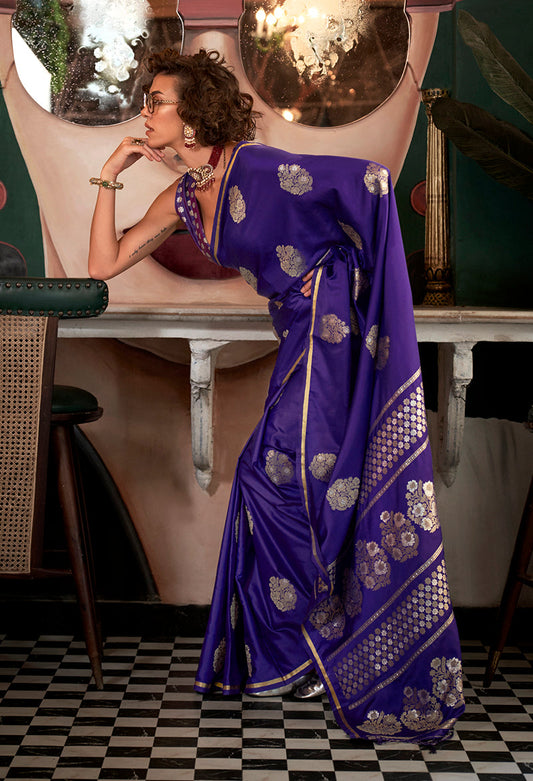 Monjolika Fashion Weaving Zari Pure Satin Silk Classic Saree In Purple