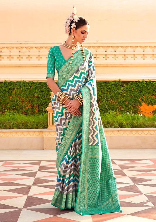 Monjolika Fashion Silk Turquoise Color Foliage Prints Saree