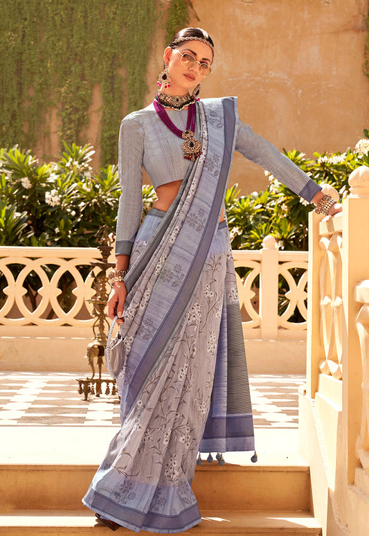 Monjolika Fashion Raw Silk Grey Foliage Prints Classic Saree