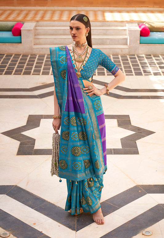 Monjolika Fashion Aqua Blue Silk Foil Print Patola Contemporary Saree