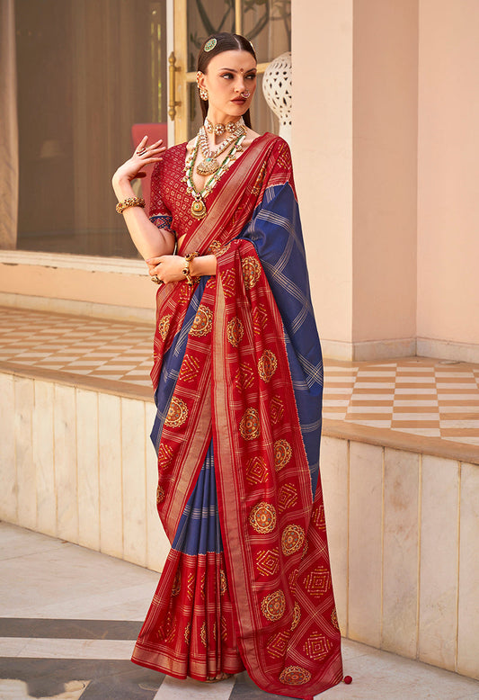 Monjolika Fashion Navy Blue Patola Foliage Prints Silk Designer Saree
