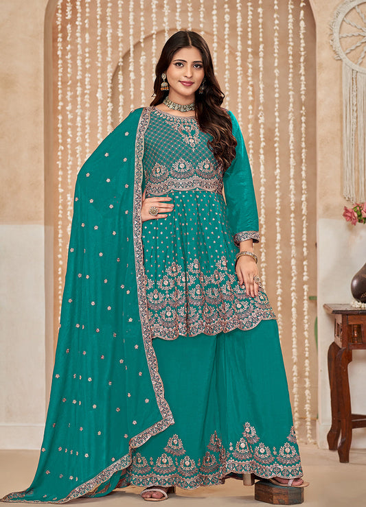 Monjolika Fashion Turquoise Color Embroidered Santoon Chinnon Salwar Suit