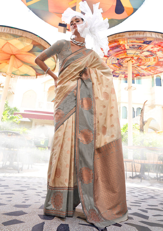 Monjolika Fashion Katan Silk Weaving Zari Designer Saree In Cream