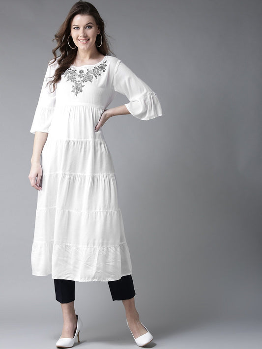 HERE&NOW Women White Yoke Design Anarkali Kurta