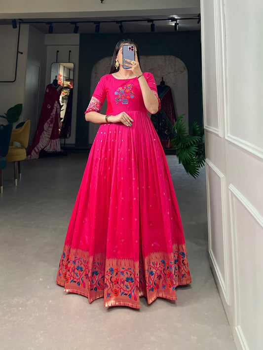 Lorenvalley Pink Jacquard Silk Paithani Woven Design Gown