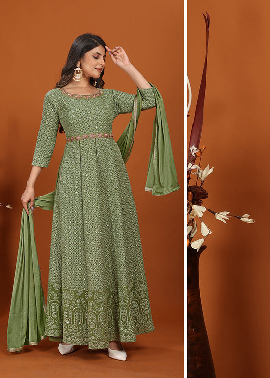 Monjolika Fashion Faux Georgette Embroidered Readymade Gown In Green