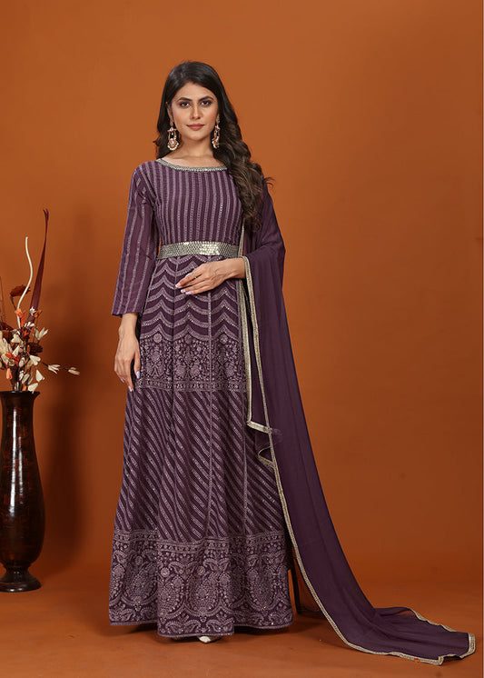 Monjolika Fashion Faux Georgette Embroidered Readymade Gown In Wine