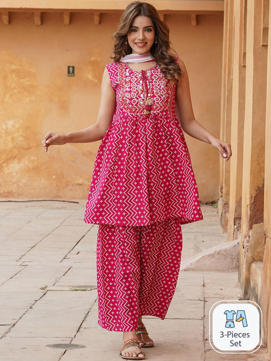 Kalini Ethnic Motifs Printed A-Line Kurta With Sharara & Dupatta