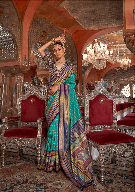 Monjolika Fashion Silk Weaving Zari Turquoise Traditional Saree