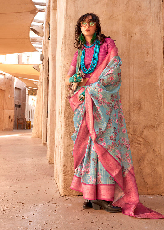 Monjolika Fashion Georgette Weaving Work Digital Print Aqua Blue Classic Saree
