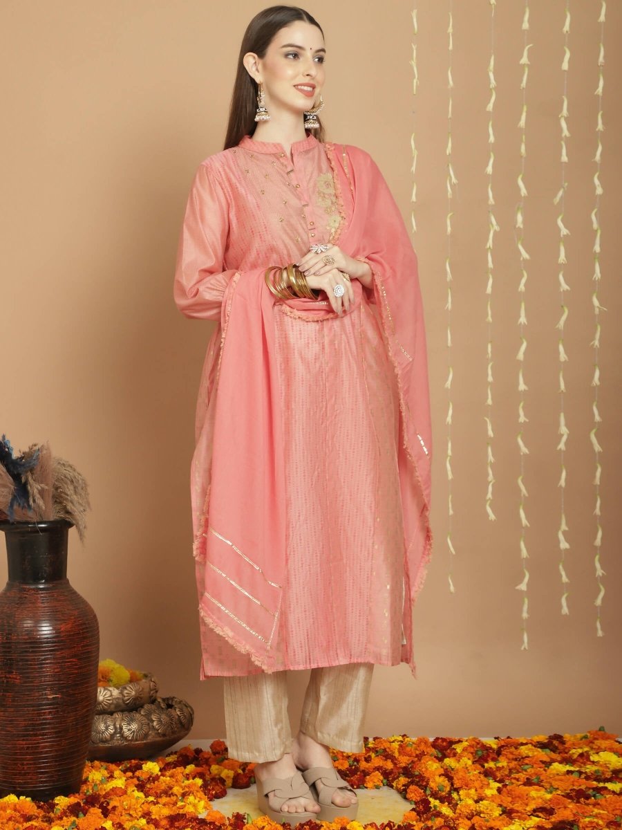 Aastha Fashion Women's Peach Chanderi Silk Elegant Jardoshi Semi Kurta with Trouser & Dupatta - Grab2buy