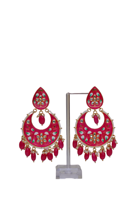 Gold Plated Brass & Pearl Dangle Women Pink Hand Painted Meenakari Chandbali Earrings By House of Ree - Grab2buy