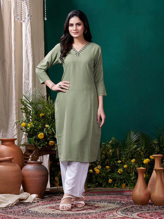 Monjolika Fashion Sage Green Maaza Cotton Hand Work With Pocket Casual Kurti | Grab2Buy