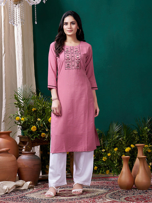 Monjolika Fashion Light Pink Maaza Cotton Hand Work With Pocket Casual Kurti | Grab2Buy