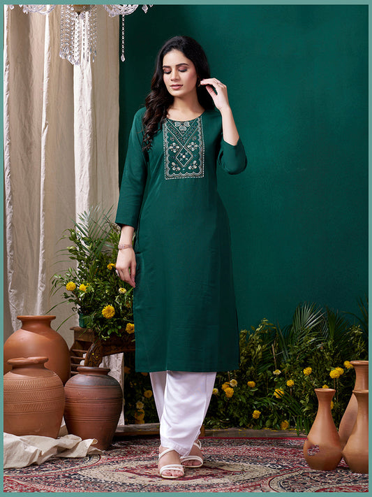 Monjolika Fashion Dark Green Maaza Cotton Hand Work With Pocket Casual Kurti | Grab2Buy