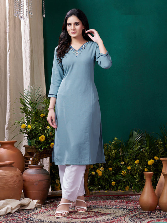 Monjolika Fashion Light Blue Maaza Cotton Hand Work With Pocket Casual Kurti | Grab2Buy