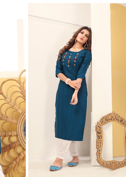 Monjolika Fashion Teal Blue Vision Silk With Handmade Embroidery Kurti | Grab2Buy