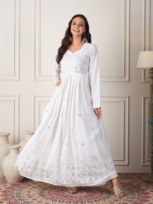 InWeave White Mirror Work Long Anarkali Kurta | Grab2Buy