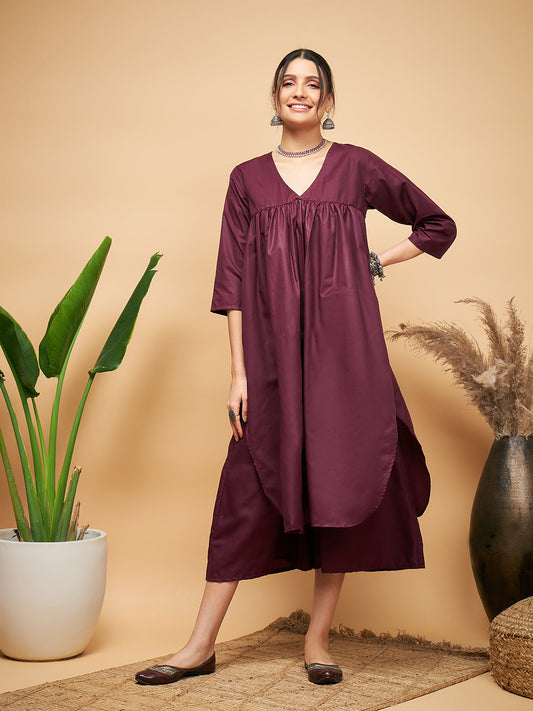 InWeave Wine Solid Flared Kurta | Grab2Buy
