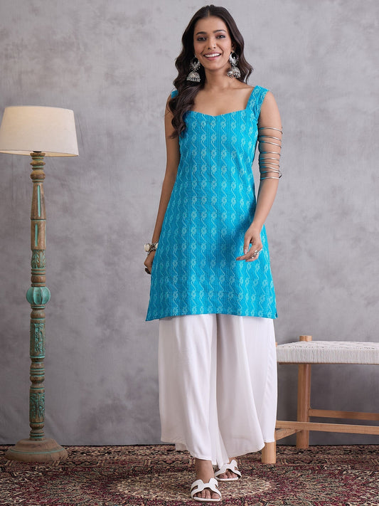 InWeave Cyan Blue Ikkat Kantha Kurta | Grab2Buy