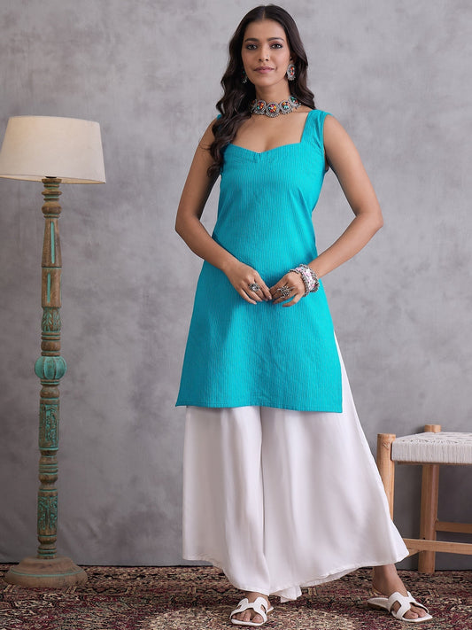 InWeave Cyan Blue Kantha Striped Kurta | Grab2Buy