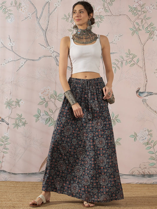 InWeave Navy Maroon Ajrakh Fr Skirt