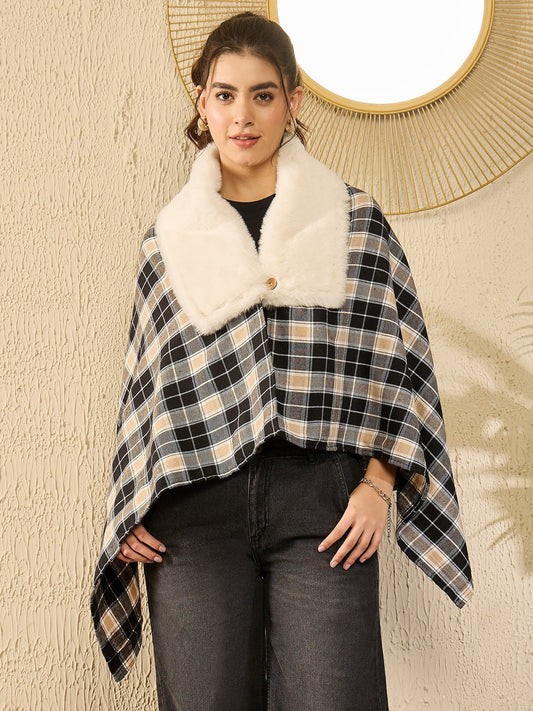 InWeave Black Beige Check Cream Fur Poncho