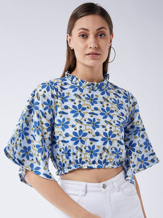InWeave Cerulean Blue Bell Sleeves Crop Top