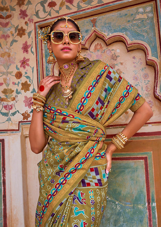 Monjolika Fashion Silk Patola Print Trendy Saree in Olive