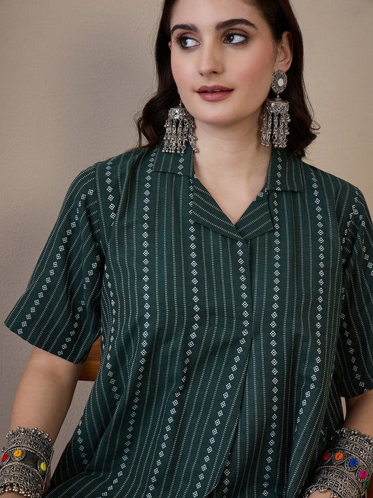 InWeave Green Stripe Kantha Collar Dress