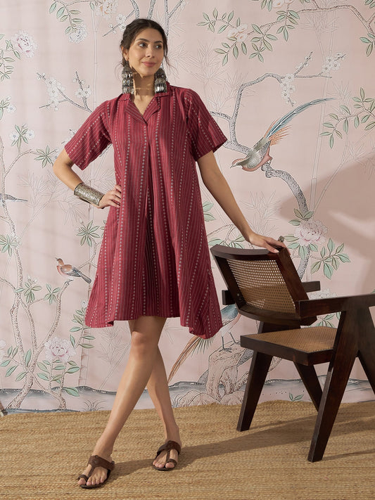 InWeave Maroon Stripe Kantha Collar Dress
