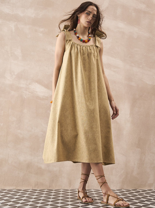 InWeave Dull Khaki Linen Pleat Bow Dress